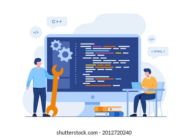 Web development. programming languages. css, html, it, ui. programmer cartoon character developing website, coding. flat illustration banner