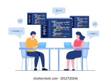Web development. programming languages. css, html, it, ui. programmer cartoon character developing website, coding. flat illustration banner