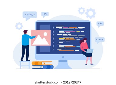 Web development. programming languages. css, html, it, ui. programmer cartoon character developing website, coding. flat illustration banner