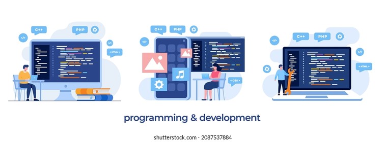 Web development. programming languages. css, html, it, ui. programmer cartoon character developing website, coding. flat illustration banner