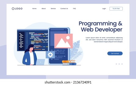 Web development. programming languages. css, html, it, ui. programmer cartoon character developing website, coding. flat illustration banner landing page template