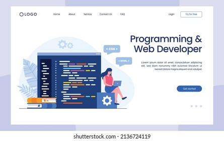 Web Development. Programming Languages. Css, Html, It, Ui. Programmer Cartoon Character Developing Website, Coding. Flat Illustration Banner Landing Page Template