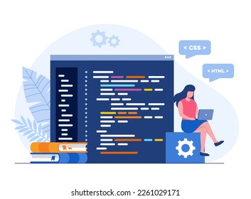 Web development. programming languages. css, html, it, ui. programmer cartoon character developing website, coding. flat illustration banner