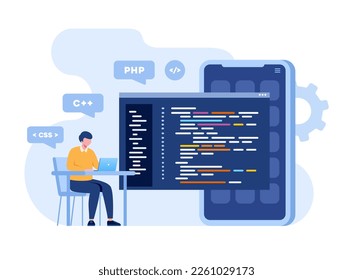 Web development. programming languages. css, html, it, ui. programmer cartoon character developing website, coding. flat illustration banner