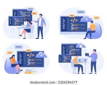 Web development. programming languages. css, html, it, ui. programmer cartoon character developing website, coding. flat illustration banner for website