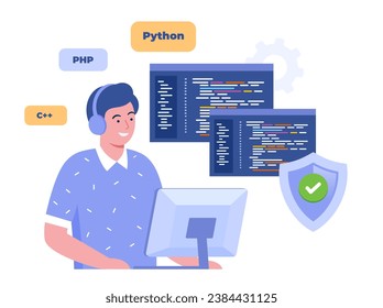 Web development. programming languages. css, html, it, ui. programmer cartoon character developing website, coding. flat illustration banner for website