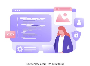 Web development. programming languages. css, html, it, ui. programmer cartoon character developing website, coding. flat vector illustration banner for website