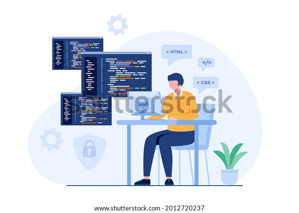 Web development. programming languages. css, html,\
it, ui. programmer cartoon character developing website, coding.\
flat illustration banner