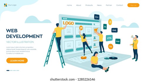 Web development. Project team of engineers for website create. Webpage building. UI UX design. Characters on a concept. Web agency. Template for programmer or designer. Vector illustration.