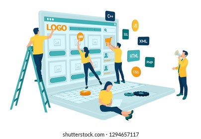 Web development. Project team of engineers for website create. Webpage building. UI UX design. Characters on a concept. Web agency. Template for programmer or designer. Vector illustration.
