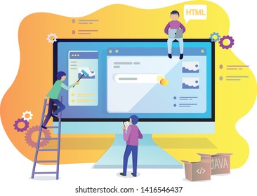 Web development. Project team of engineers for website create. Webpage building. Characters on a concept. Web agency. Template for programmer or designer. Vector illustration.