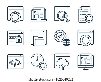 Web development related vector line icons. Website and Web computing outline icon set.