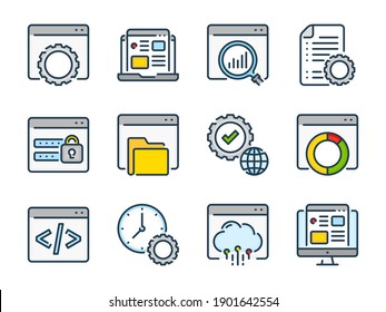 Web development related vector line color icons. Website and Web computing outline colorful icon set.