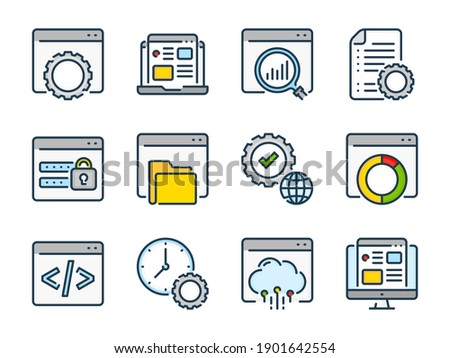 Web development related vector line color icons. Website and Web computing outline colorful icon set.