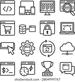 Web Development and Responsive User Interface Line Icons Set. Clean vector icon set featuring black outline symbols of web development, E-commerce solutions, and website hosting tools.