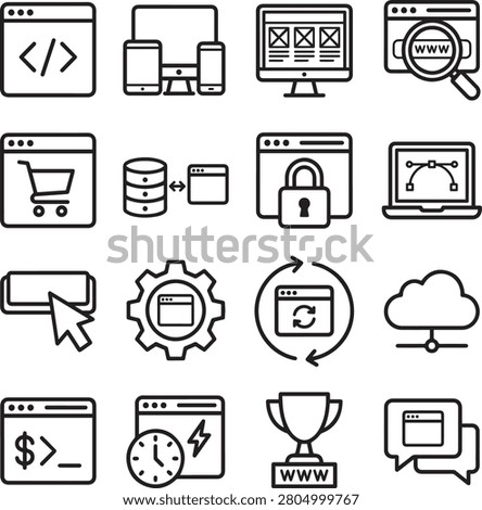 Web Development and Responsive User Interface Line Icons Set. Clean vector icon set featuring black outline symbols of web development, E-commerce solutions, and website hosting tools.