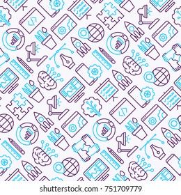 Web development seamless pattern with thin line icons of programming, graphic design, mobile app, strategy, artificial intelligence, optimization, analytics. Vector illustration for background.