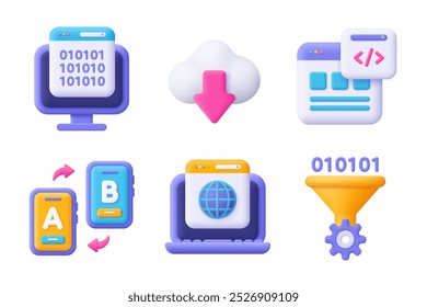 Desenvolvimento web, SEO, codificação e programação de conjunto de ícones vetoriais 3d. Estilo mínimo de desenho animado.