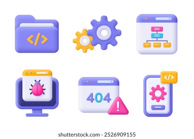 Desenvolvimento web, SEO, codificação e programação de conjunto de ícones vetoriais 3d. Estilo mínimo de desenho animado.