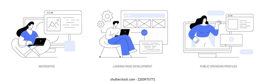 Web development service abstract concept vector illustration set. Microsites and landing page development, public speakers profiles, company page, conference speaker, coding abstract metaphor.