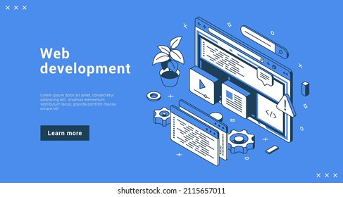 Web development service support business internet advertising landing page isometric vector illustration. Programming application coding e commerce digital media marketing seo optimization technology