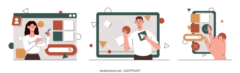 Web development services. Employee in office working on joint project, partners or colleagues. Creative people develop graphic elements, designers and coworkers. Cartoon flat vector illustration