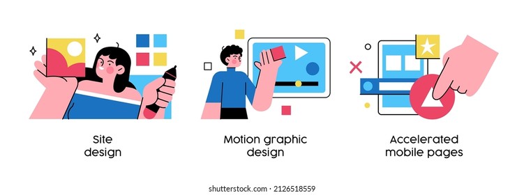 Web development services - set of abstract business concept illustrations. Web design, motion graphic, mobile pages. Visual stories collecction.