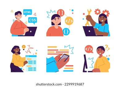 Web development set color concept with people scene in the flat cartoon style. Team of programmers work on creating Internet sites. Vector illustration.