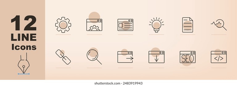 Web development set icon. Gear, browser, website, light bulb, document, analytics, chain link, magnifying glass, download, SEO, code, web development tools, internet technology, online optimization