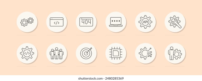 Icono de conjunto de desarrollo de Web. Engranajes, codificación, error 404, API, Contraseña, objetivo, chip, trabajo en equipo. Software, programación, concepto de internet. Iconos de línea de Vector sobre fondo beige.