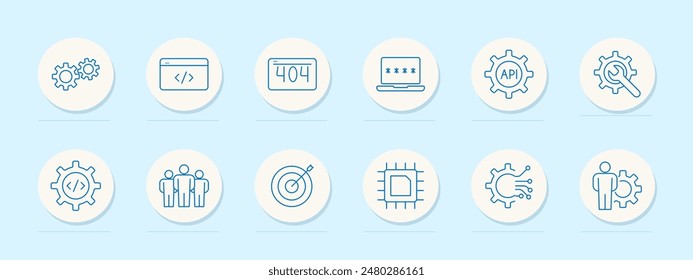 Symbol für Web-Entwicklungssatz. Gears, Code, 404 error, Passwort, API und target. Programmierung, Software, Technik-Konzept.