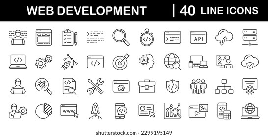 Conjunto de desarrollo web de iconos web en estilo de línea. Iconos de desarrollador para aplicaciones web y móviles. Código, api, codificación de programadores, aplicación, flujo, conexión de nodos, codificador web, corrección de fallos y más. Ilustración del vector