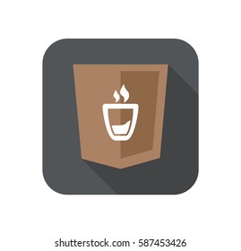 web development shield sign coffee cup symbol isolated icon on grey badge with long shadow