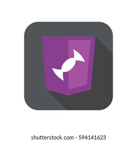 web development shield violet candy sign isolated icon on grey badge with long shadow