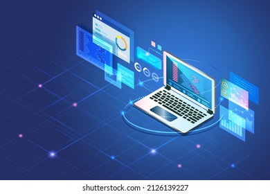 Web development, software coding and programming on application in laptop computer devices with script language testing and graphical icons.