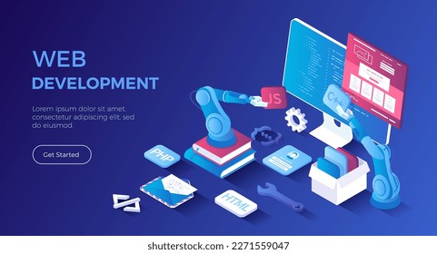 Web Development. Software Engineering and Coding Website Application. Full stack web development. Program code on the monitor screen. Isometric landing page. Vector web banner.	
