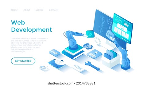 Web Development. Software Engineering and Coding Website Application. Full stack web development. Program code on the monitor screen. Landing page template for web on white background.