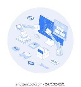 Desarrollo del Web. Ingeniería de software y aplicación de Sitio web de codificación. Desarrollo de Web de pila completa. Código de programa en la pantalla del monitor. Ilustración de contorno de Vector con escena de isometría para gráfico de Web
