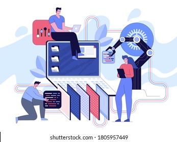 Web development and software programming banner concept. Developer sits on huge laptop, programmer and robot holding parts of program code, employee is testing program. Vector character illustration