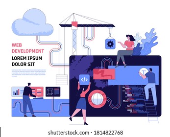 Web development and software programming banner concept. Developer analyzing data, huge screen with programming code, programmers building website, crane with gear. Vector character illustration
