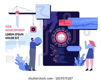 Web development and software programming banner concept. Global internet, developers build program, screen with program code, crane with gear. Vector character illustration of modern technology