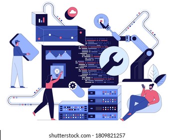 Web-Entwicklung und Software-Programmierung Konzept. Programmierer mit Robotern Arbeitswerkzeuge, Website- oder App-Aufbau, Bildschirm mit Programmiercode, Büroteam. Vektorgrafik-Zeichenillustration