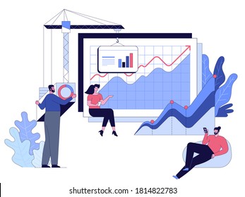 Web development and software programming concept. Woman analyzing growth graph data on huge screen. Developers working gear tools, building website or app by crane. Vector character illustration