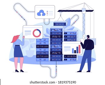 Web development and software programming concept. Developers analyzing data, server hardware. Metaphor of construction application, website or program by crane. Vector character illustration