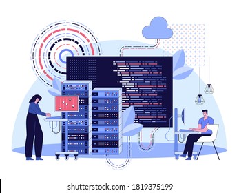 Web development and software programming concept. Developers working at computers, server hardware, huge screen with programming code. Vector character illustration of creation website or app