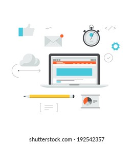 Web development success organization concept, website landing page optimization process, seo and traffic conversion management. Flat design modern vector illustration. Isolated on white background.