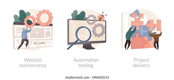 Web development and support abstract concept vector illustration set. Website maintenance, automation testing, project delivery, time and budget, security analysis and update abstract metaphor.