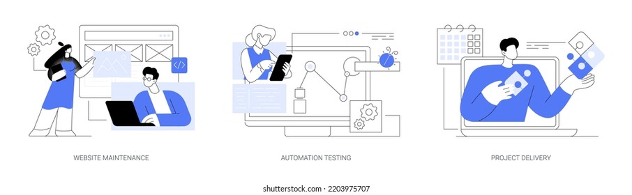 Web-Entwicklung und Unterstützung abstrakter Konzept Vektorgrafik-Set. Website-Wartung, Automatisierungsprüfung, Projektabwicklung, Zeit und Budget, Sicherheitsanalyse und Aktualisierung abstrakter Metapher.