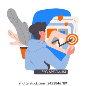 Web development team concept. Freelancer and remote worker at workplace. Organizing efficient work process. Man with graphs. Cartoon flat vector illustration isolated on white background