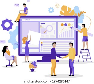 Web development team flat concept vector illustration. Designers, project managers 2D cartoon characters for web design. Supporting product quality. Creating webpages with HTML creative idea